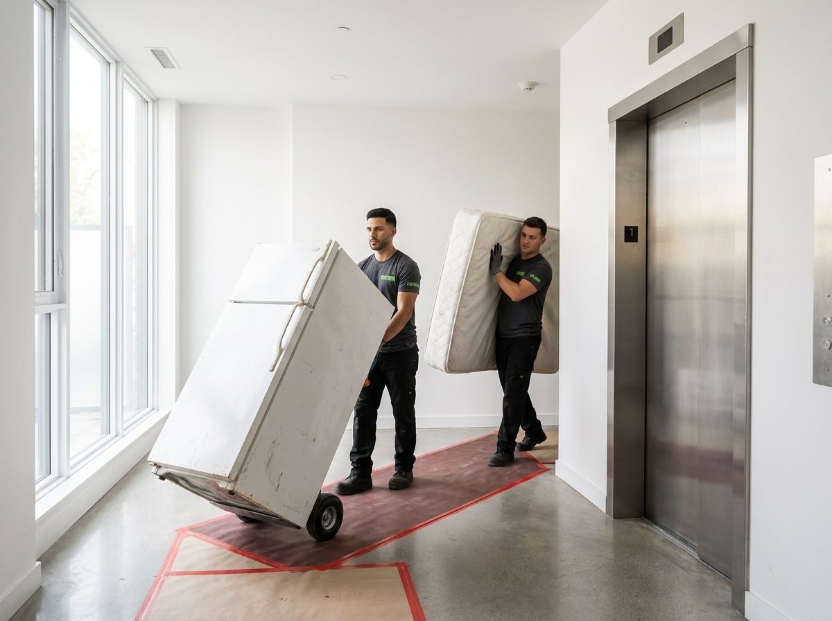 A crew member wheeling an old refrigerator out of a condo unit on a dolly