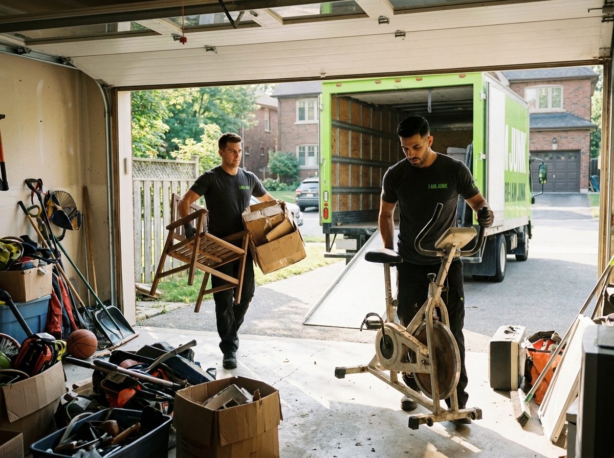 An I AM JUNK crew member carrying boxes out of a cluttered residential garage