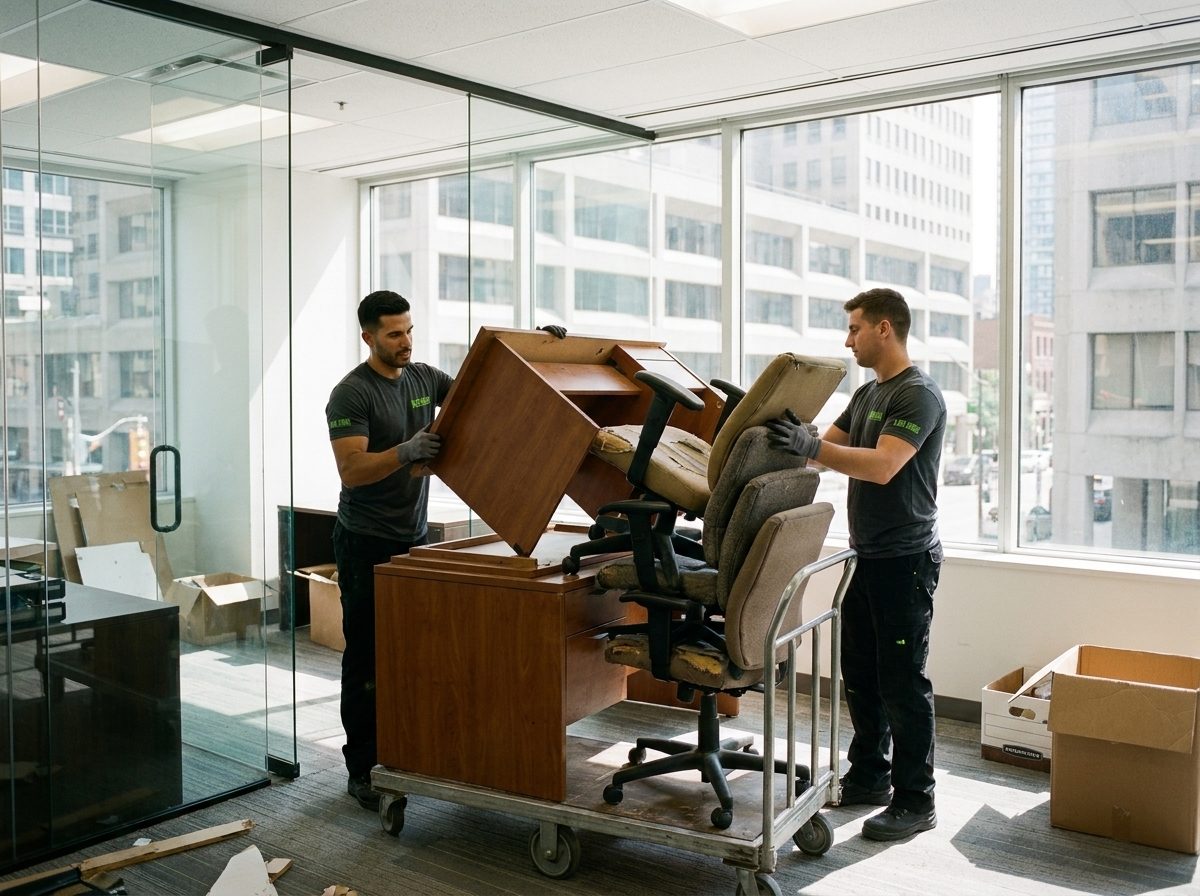 Two crew members loading office desks and chairs onto a dolly during an office cleanout