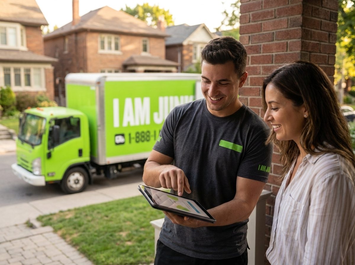 An I AM JUNK crew member showing a customer the price on a tablet at her front porch, with the lime truck parked at the curb