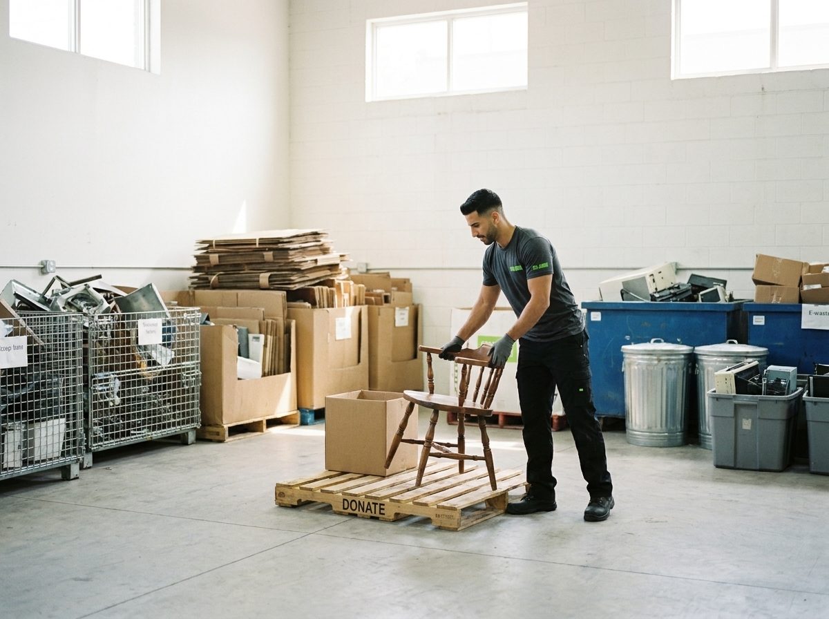 A crew member sorting a wooden chair, cardboard and metal into separate bins at a recycling depot