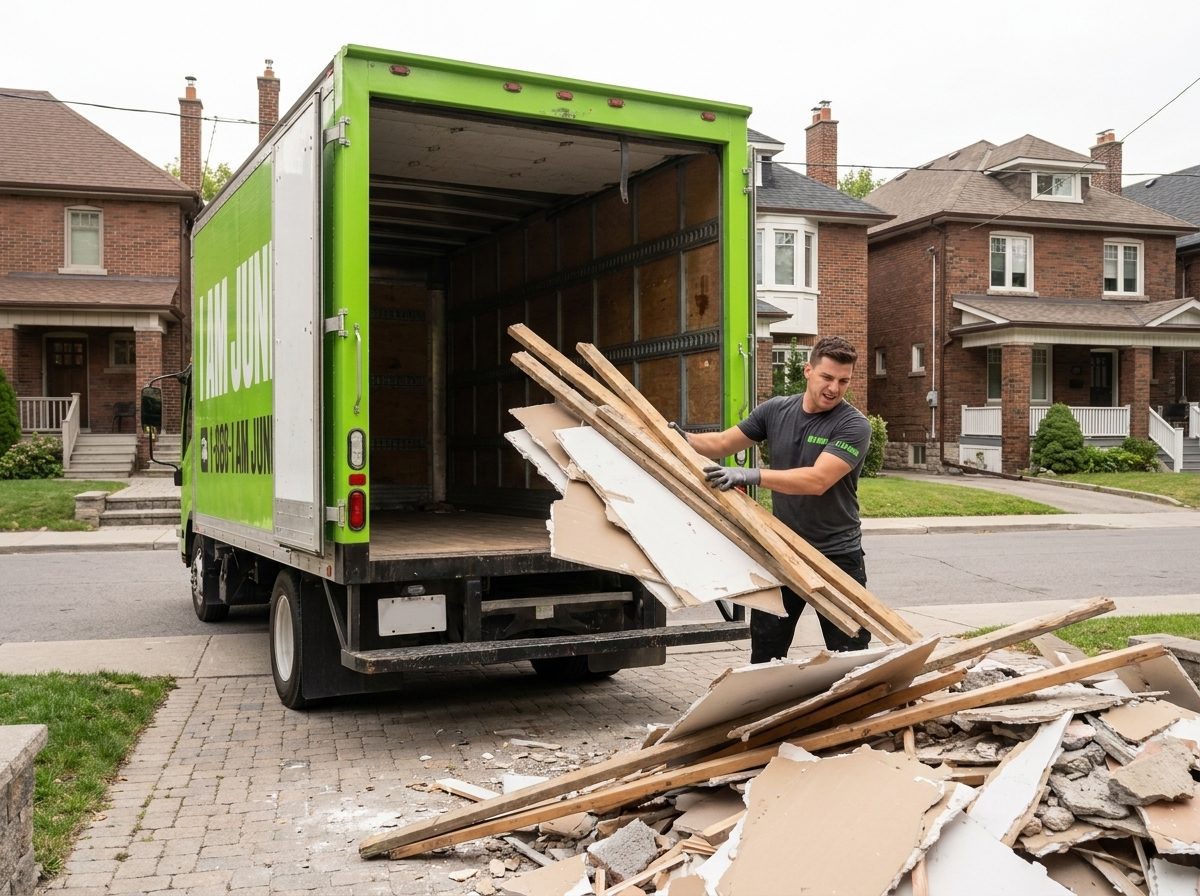 Renovation debris including drywall and lumber stacked outside a house being loaded into a truck