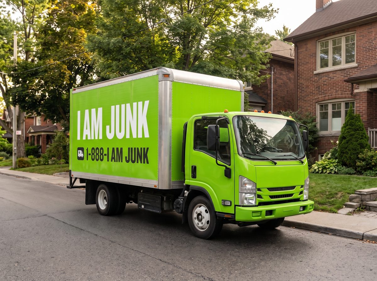 A lime green I AM JUNK box truck parked at the curb on a residential Toronto street
